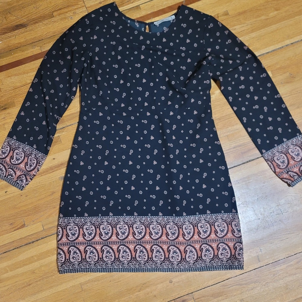 Abercrombie & Fitch Black Floral Paisley Print Long Sleeve Mini Dress Sz Med Y2K